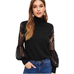 Black Top With Contrast Lace Lantern Sleeves